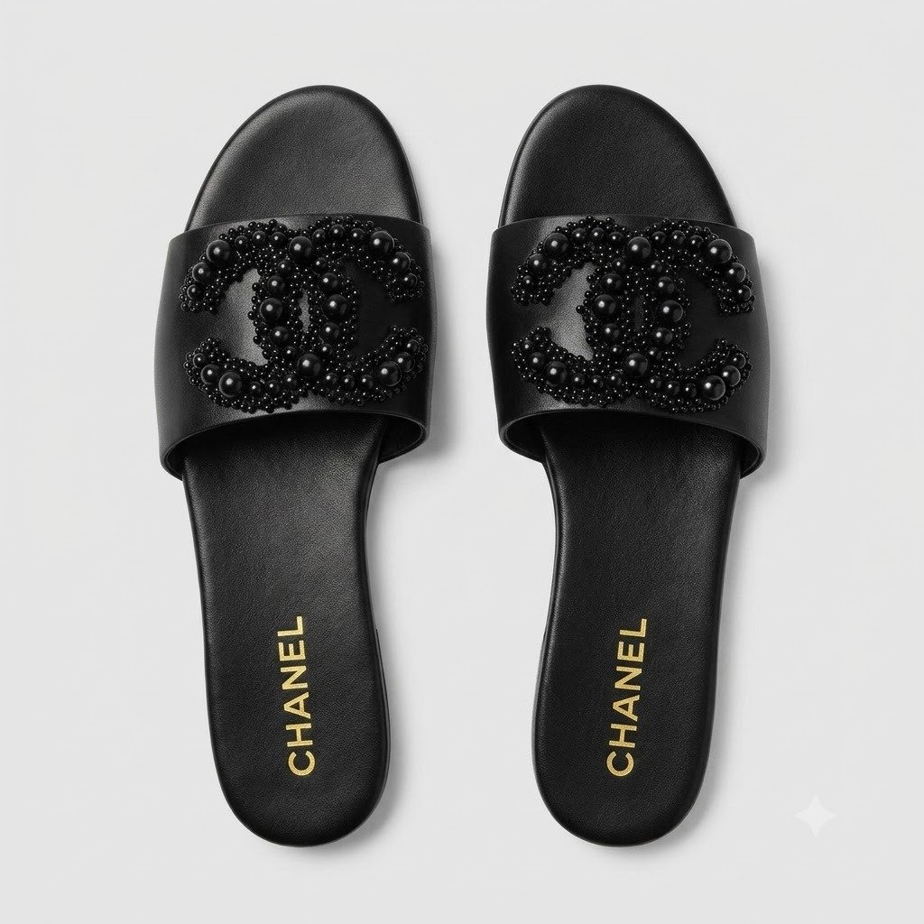 Buy Chan_ell Pearl CC Logo Flat Slides - Image 2