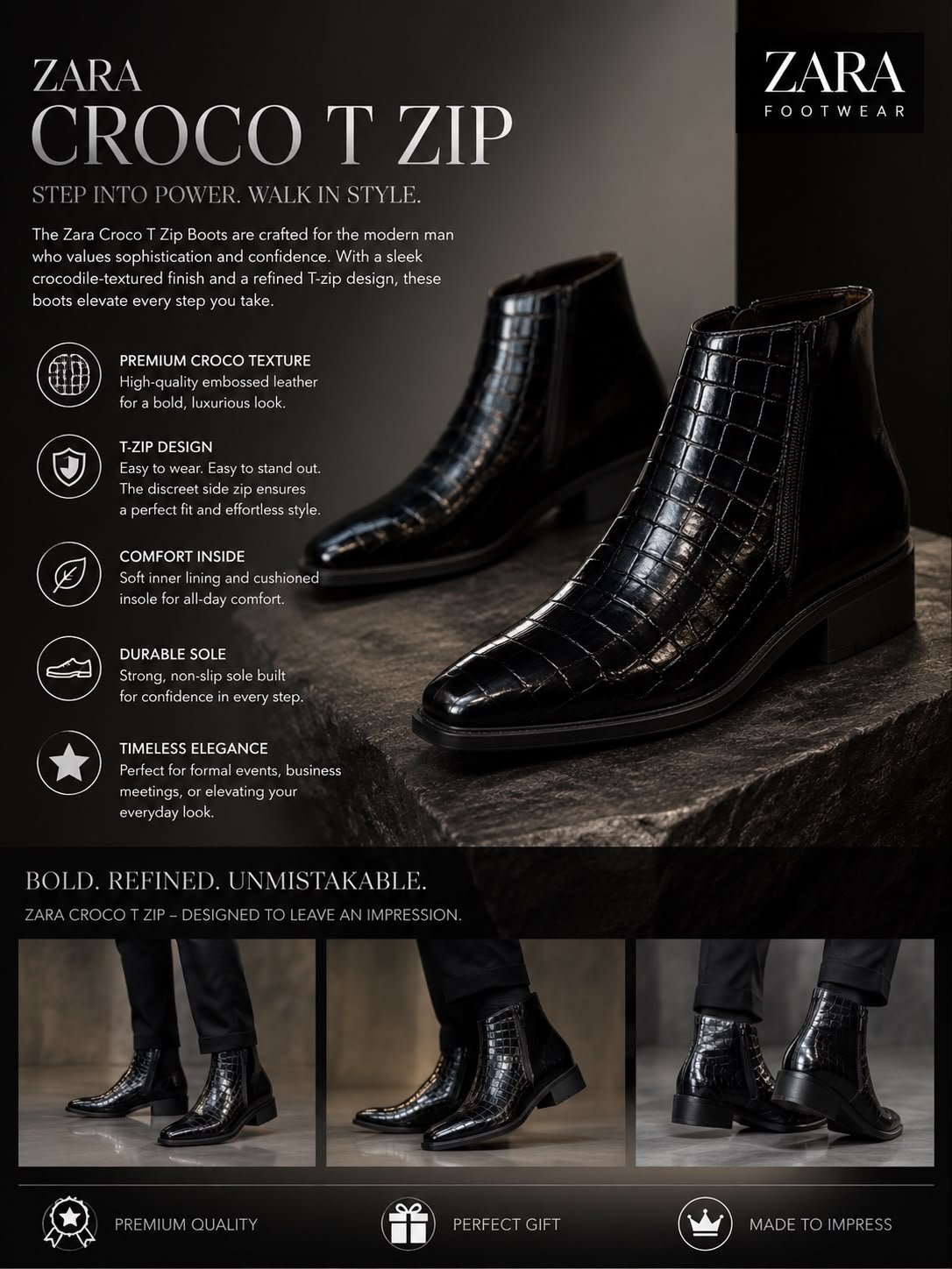 BUY ZA_RAA CROCO T ZIP BOOTS - Image 8